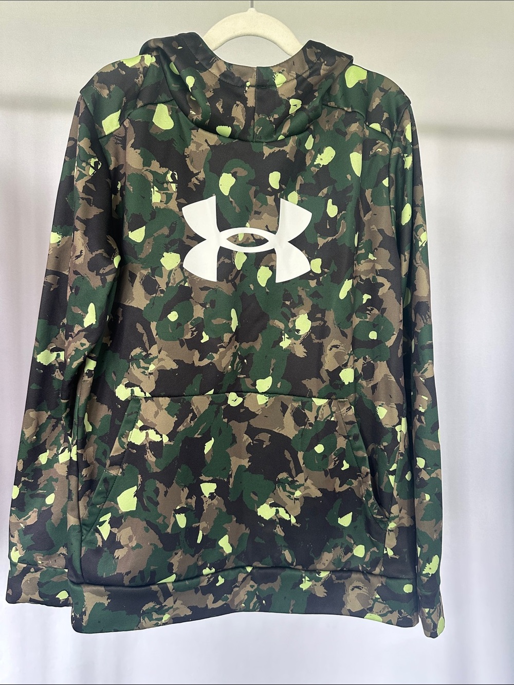 Under Armour Green, Black & Brown Camo Hoodie with White Logo Kids Large